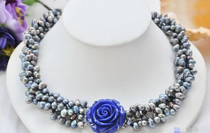 

FREE SHIPPING>@@> 3881 4row black rice freshwater pearl necklace blue flower