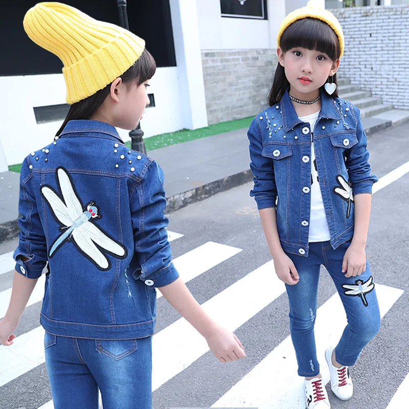 

Autumn Denim Children's Clothing For Girls Dragonfly Jacket+Jeans Winter Kids Clothing Teenage Clothes For Girls 4 6 8 12 Years