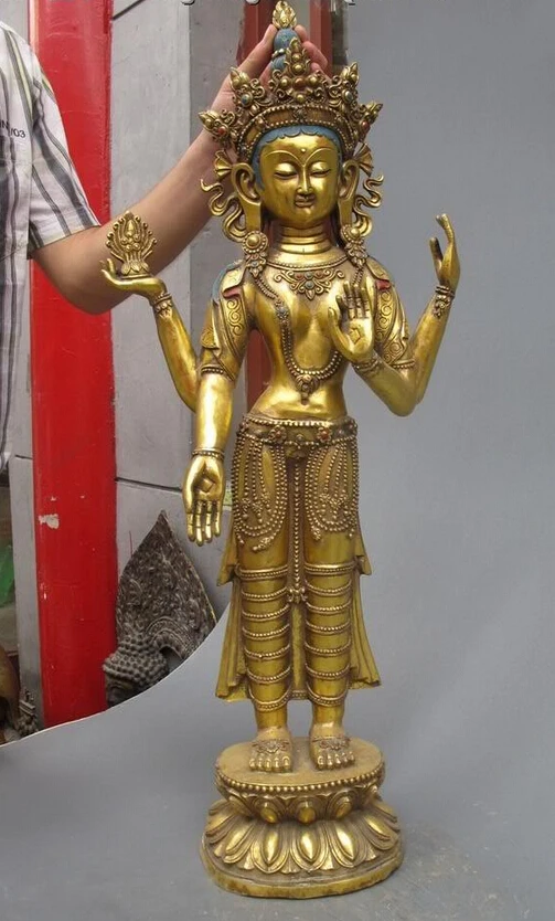 

bi003116 Tibet Buddhism Copper Bronze gild Four Arms Kwan-Yin Bodhisattva Buddha statue