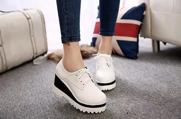 

2018 autumn thick bottom slope high-heeled low-cut lace-up thick-sole students wild women's shoes