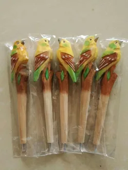 

Promotional high quality wood craft yellow green ballpoint pen basswood bird gift pen handmade wood carved colored pen