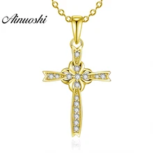 AINUOSHI 14K твердая Подвеска из желтого золота крест кулон SONA, имитация бриллиантов женщин и мужчин ювелирные изделия христианский крест отдельный кулон