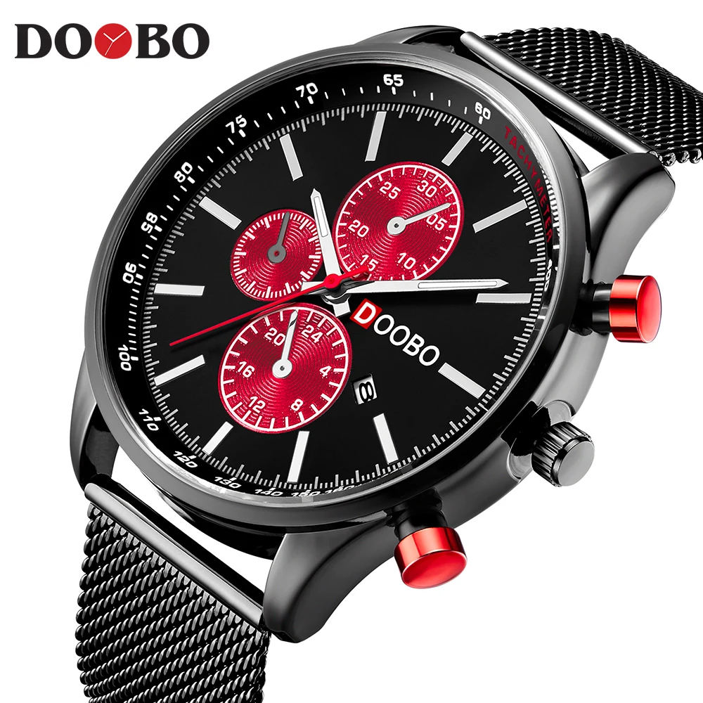 DOOBO, золотые часы, люксовый бренд, мужские часы, полная сталь, модные кварцевые часы, повседневные мужские спортивные наручные часы, часы с датой, Relojes D036 - Цвет: Black Red