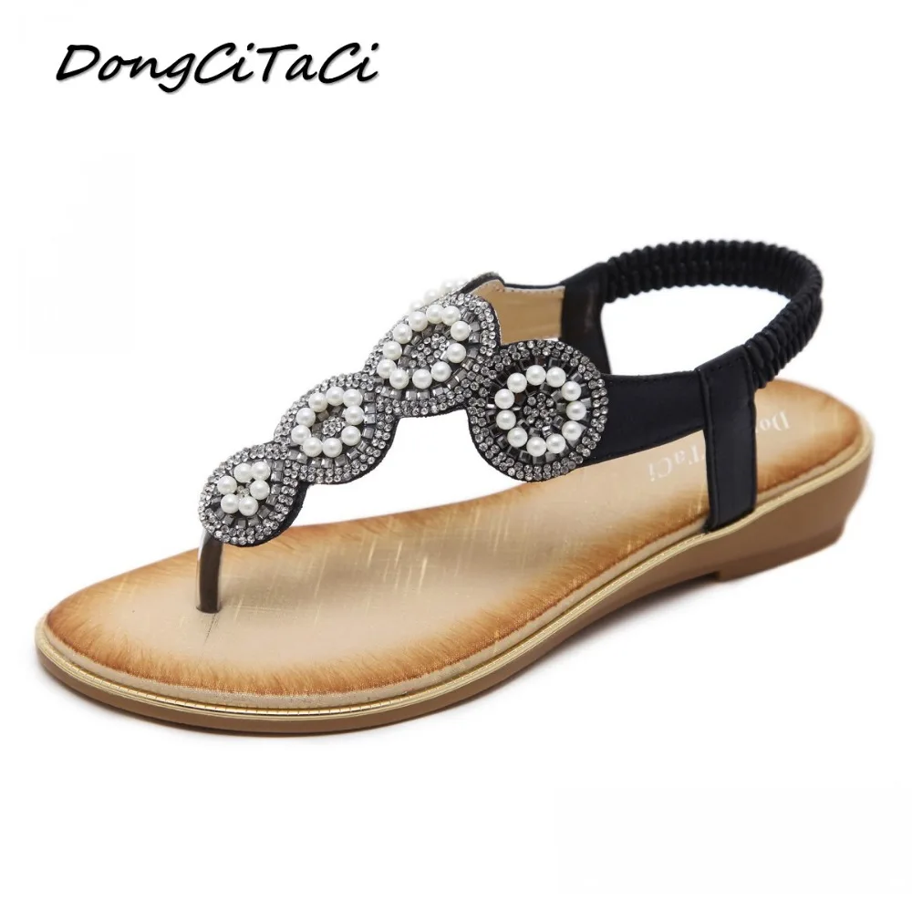 

DongCiTaCi Summer Women Flat Sandals Shoes Woman Bohemian Flip Flop Women's Gladiator Ladies String Bead Crystal Beach Sandals