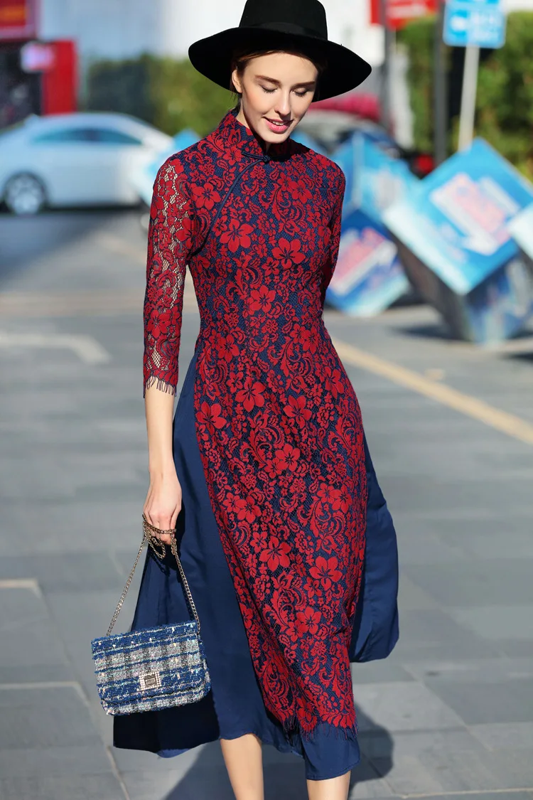Вьетнамский аозай Cheongsam винтаж qipao длинное кружевное платье