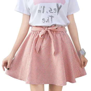 

2019 High Waist Plaid Print Pleated Vintage Fashion Skirt A-Line Bow Wild Skirts Female Women Cute Sweet Girls Plus Size 2XL