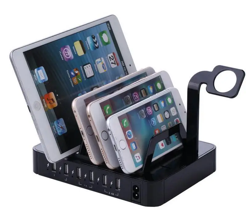 6 ميناء أوسب حامل محطة شحن HUB شاحن المنظم الأسود متعددة جهاز لوحي محمول عمود شحن ل فون 5 6 7 iwatch