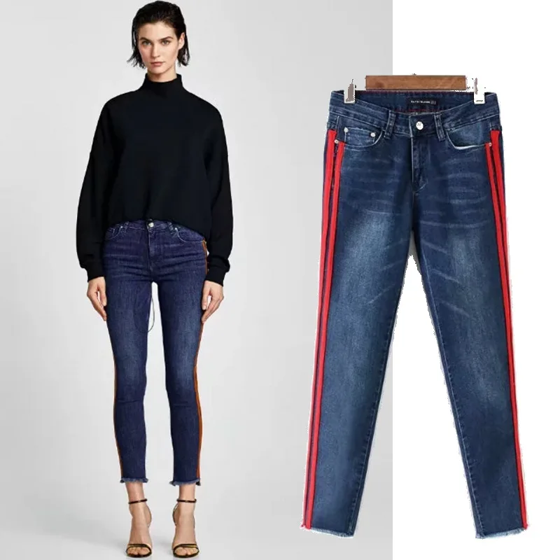 Новый L12178 мода в Европе и ветер высокой талии мыть белая сторона полоса заусенцы шлифовальные джинсы Для женщин Облегающие штаны