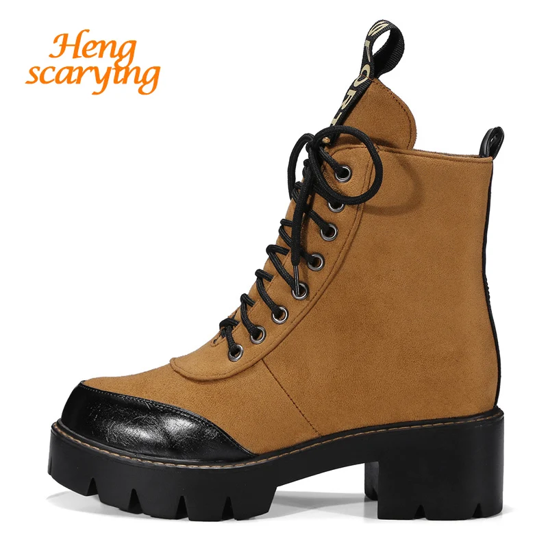 

2018 Women Suede Ankle Martin Boots Winter Lace Up Round Toe Snow Boots Female Platform Wedges Fetish 5cm Heels Fashion Shoes