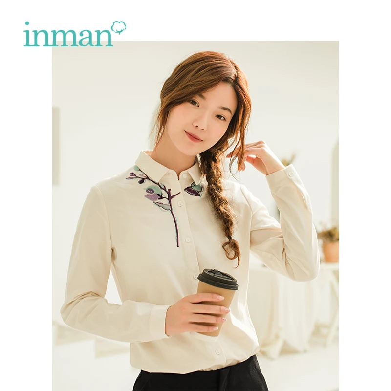 INMAN Winter Turn Down Collar Embroidery Retro Style Artistic Long Sleeve Women Blouse Shirt