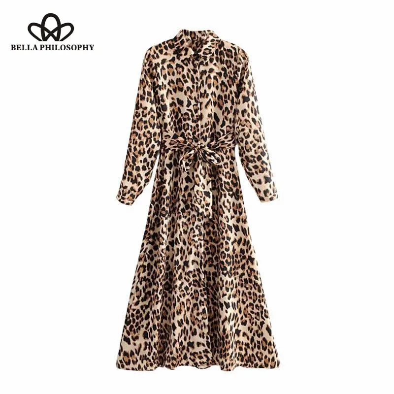 

Bella Philosophy 2018 autumn long sleeve leopard printing long dress elegant female chic vestidos bow tied sashes party dress