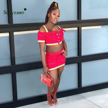 

Women Summer 2 Piece Set High Quality Denim Skirt Suit Lady Rainbow Webbing Strap Crop Top + Pockets Button Mini Skirt Set Suit
