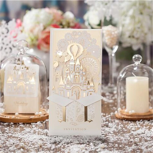 10pcs Casamento Champagne Color Castle Shape Pop Up Card Wedding 10pcs Casamento Champagne Color Castle Shape Pop Up Card Wedding Invitations Cards For