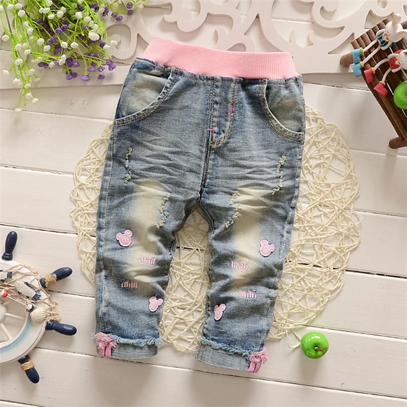 

Baby Girls Denim Jeans Cartoon Mouse Kids Pant Full Length Infant Casual Trousers roupas de bebe