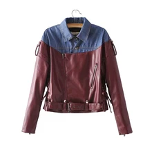 auyumn джинсы джинсовая куртка женские Лоскутные Искусственная кожа локомотив тонкий пальто Диагональ жакет на молнии ослабить женские верхняя одежда