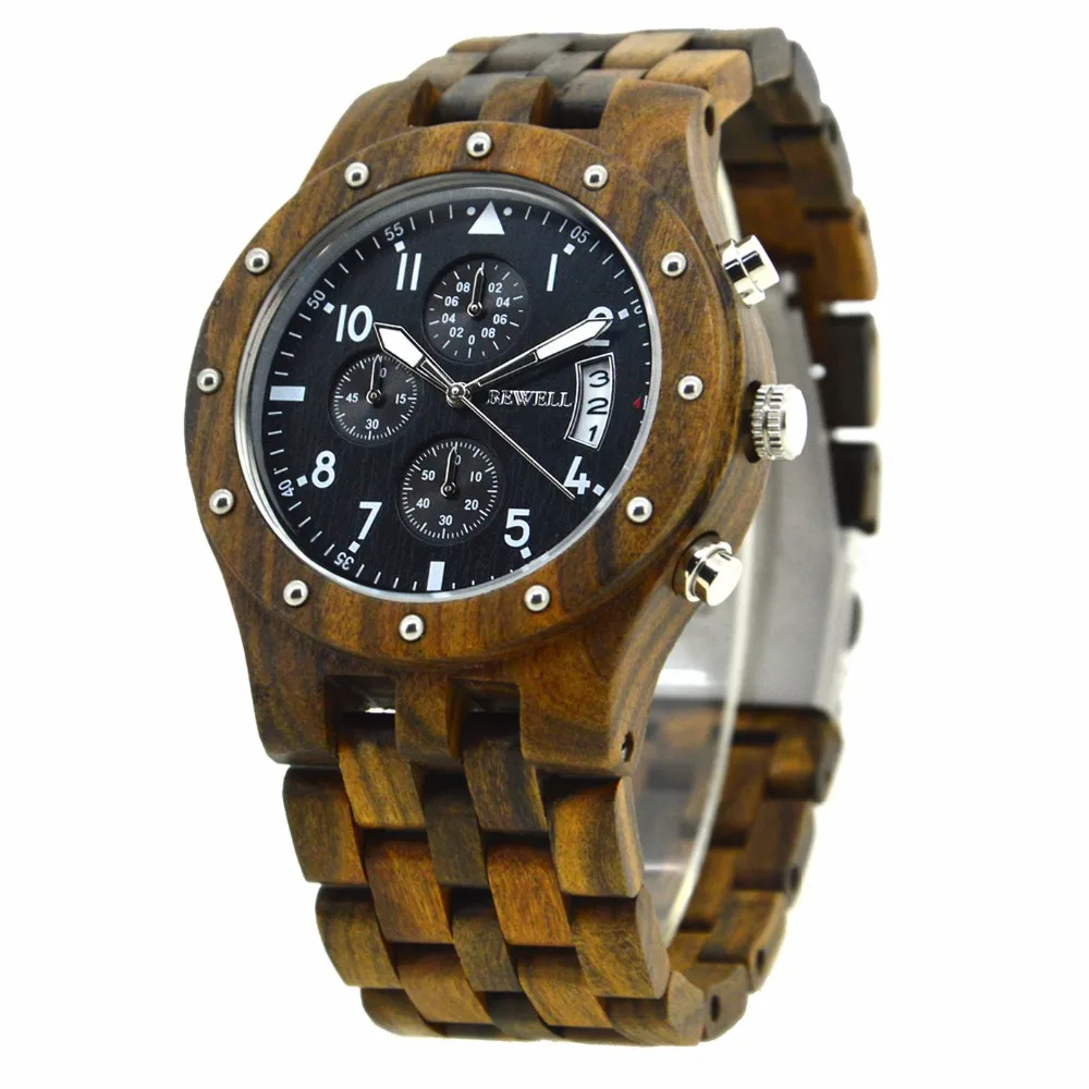 BEWELL многофункциональные мужские часы Топ Бренд роскошные деревянные наручные часы с датой Дисплей Спорт Секундомер Relogio Masculino 109D