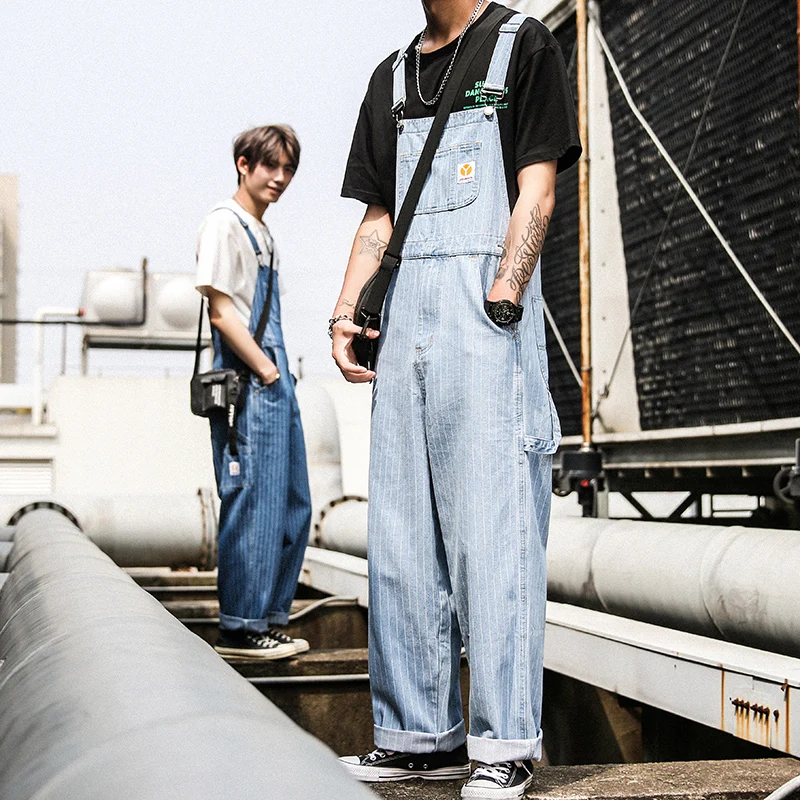 Полосатые тонкие джинсовые комбинезоны рабочие подтяжки для одежды хип-хоп свободные мужские модные джинсовые Tide-этническое ожерелье-брюки