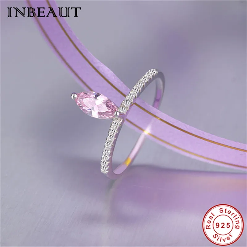 

INBEAUT 100% Real 925 Sterling Silver Sparkling Princess Oval Cut Pink Zircon Ring Women Elegant Stone Rings Christmas Jewelry