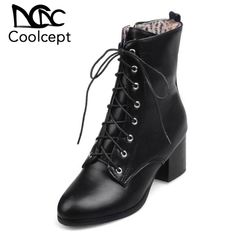 

Coolcept Size 34-45 Women Ankle Boots Winter Round Toe Lace Up Keep Warm High Heel Boots Fashion Office Leisure Shoes Women