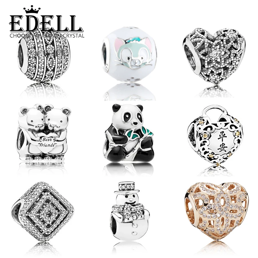 

EDELL New Authentic 925 Sterling Silver Bead Charm heart shaped Panda Pendant Beads Fit Bracelets & Bangles DIY Jewelry Making