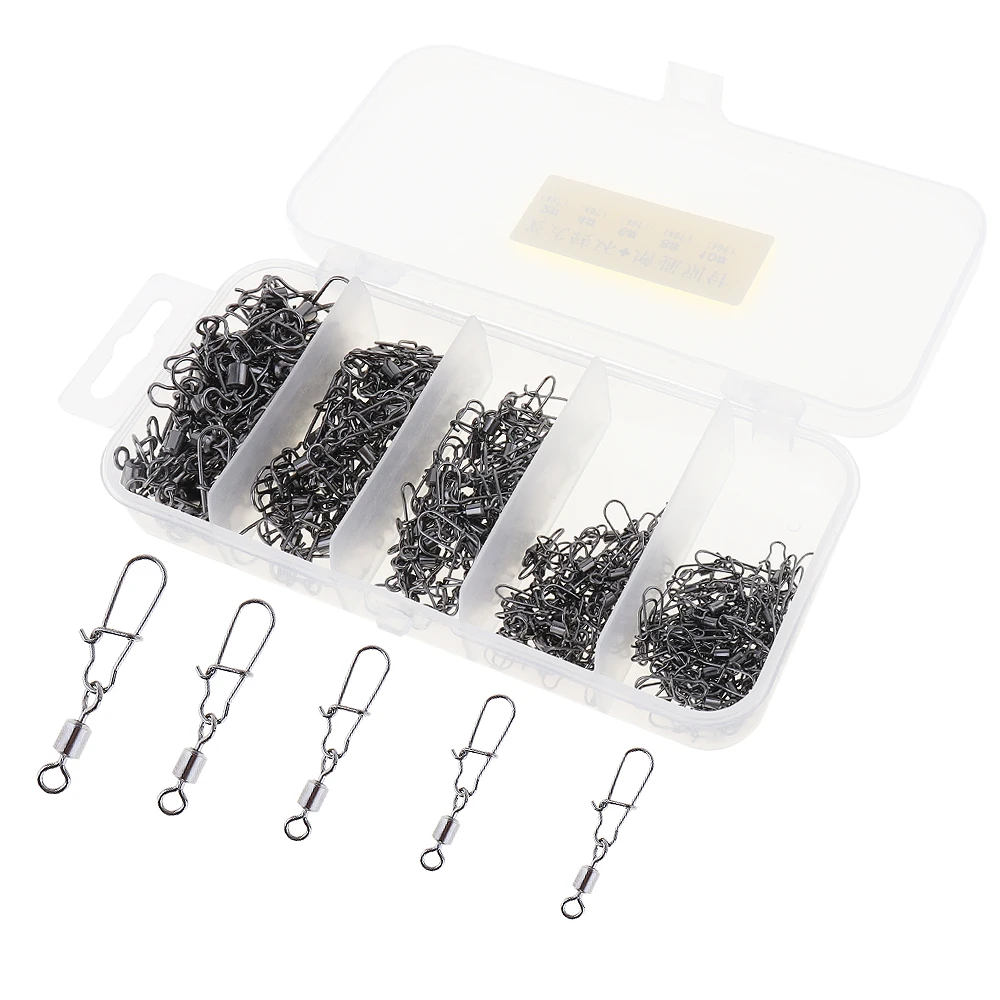 

Stainless Steel Mixed Sizes Fishing Swivel Snap Ball Bearing Lock Rolling Swivel Fishing Connector with Plastic Trackle Box
