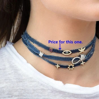 

YP1631 925 Sterling Silver Punk Blue Denim Choker Necklace Jeans Starfish Eye Heart Collar Choker Cowboy Rope Collar Women Gift