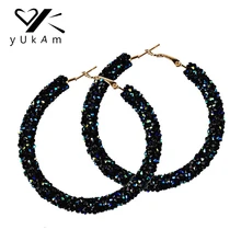 Роскошные богемные большие круглые серьги YUKAM, креольские серьги с черными кристаллами, круглые серьги-петли для женщин, свадебные ювелирные изделия Brincos