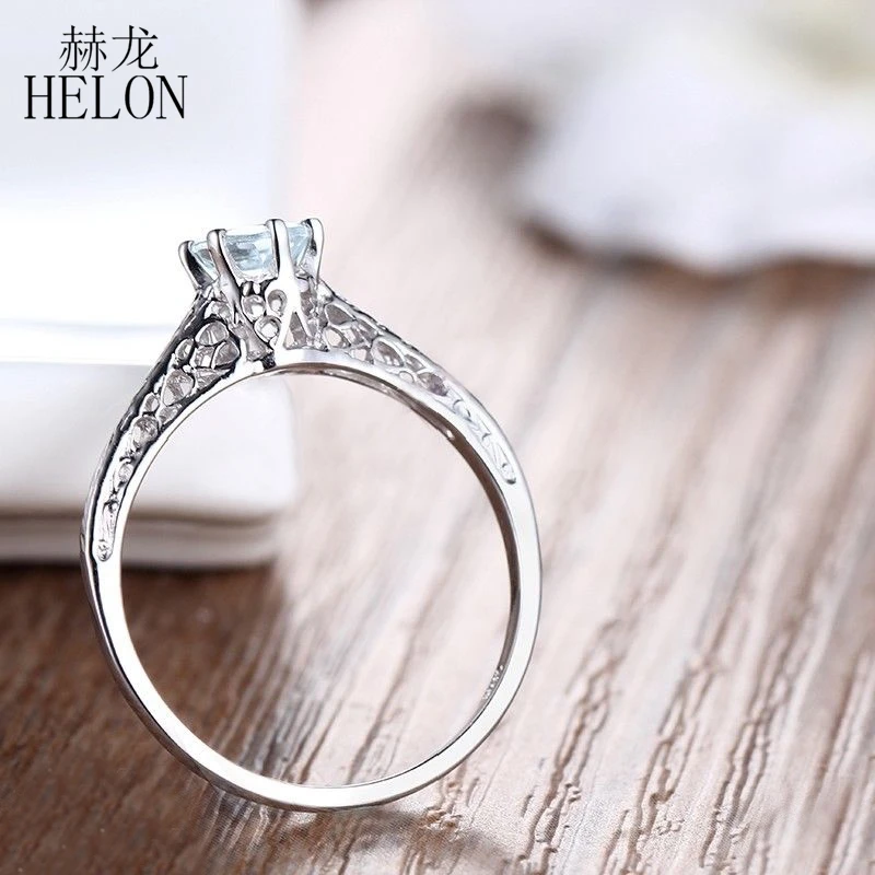 HELON Solid 14K белое золото круглый 4,5 мм натуральное кольцо с аквамарином для женщин помолвка Винтажный стиль ар-деко Пасьянс драгоценный камень ювелирные изделия
