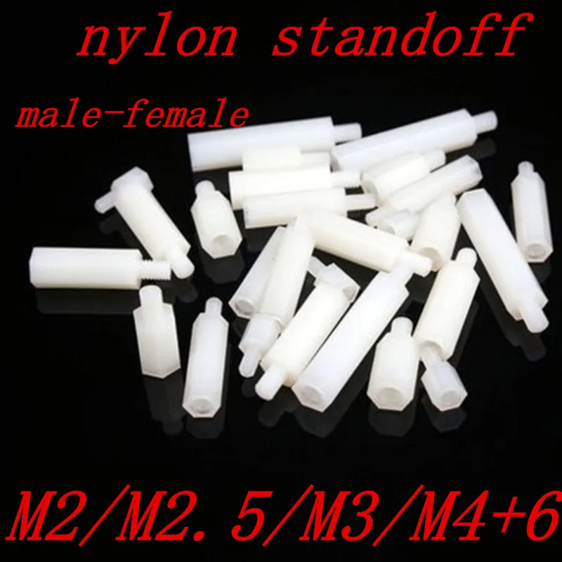 

50Pcs Male to female M2 M2.5 M3 M4*L+6 white Hex Nylon Standoff Spacer Column Flat Head Nylon Plastic Spacing Screws