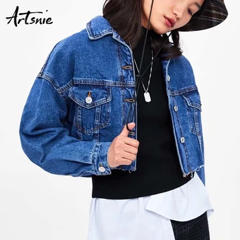 

Artsnie streetwear blue denim jacket spring 2019 turn down collar long sleeve hole coats streetwear casual pockets jeans jackets