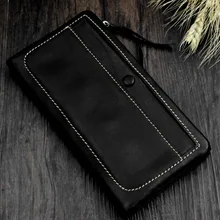 Мужской длинный черный кошелек из натуральной кожи, держатель для карт, хипстерский кошелек