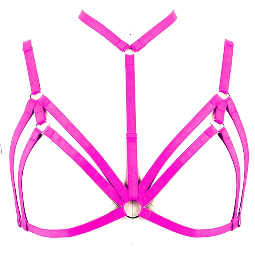 

Bright Pink Belt Harness Bra Elastic Adjustable Strappy Pastel Goth Punk Lingerie Hollow Out Body cage Bralette Accessory Party