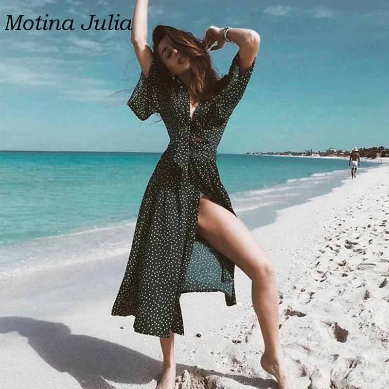 

Emizoe Sexy bow long women dot print dress Summer elegant party casual dress female vestidos 2018 button fitness daily dress