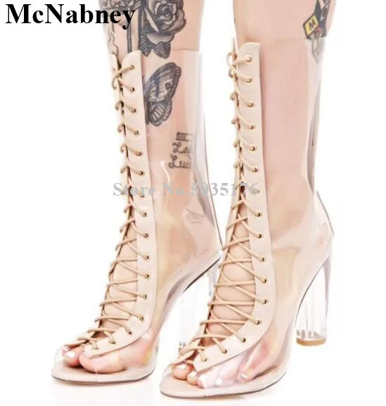 

McNabney Summer Transparent PVC Women Boots Cross-tied Zip Round Heels Peep Toe Spring/Autumn European Temperament Women Shoes
