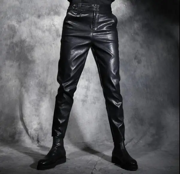 Зимние мужские тонкие кожаные штаны; джинсы с вырезами; модные повседневные кожаные шаровары с эластичной завязкой в талии - Цвет: Черный