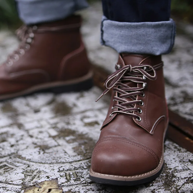 COSIDRAM/зимние мужские теплые ботинки из искусственной кожи; мужские ботинки на шнуровке; Мужская модная винтажная кожаная обувь на шнуровке в британском стиле; BRM-063 - Цвет: Коричневый