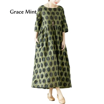 

Large Polka Dot Dress Women Plus Size Loose Summer Dress Three Quarter Sleeve Cotton Long Dresses ( without lining dress)