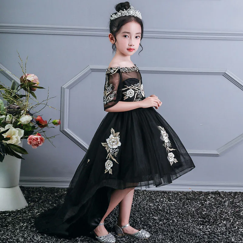 Новые детские платья Анны и Эльзы для девочек; карнавальный костюм; детское вечернее платье принцессы; свадебное платье с цветочным узором для девочек 12 лет - Цвет: Black