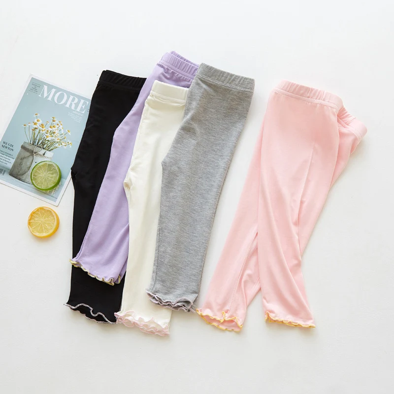 

Summer Children Pants Leggings Short Girl Trousers Candy Color Stretchy Calf Length Ruffles Pants Leggins Leginsy Kids Clothing