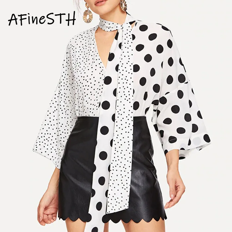 

AFineSTH Polka Dot Lace Up Woman Blouse 2019 New Nine Quarter Sleeve Pacthwork Thin Shirt V-neck Casual Loose Ladies Blouse