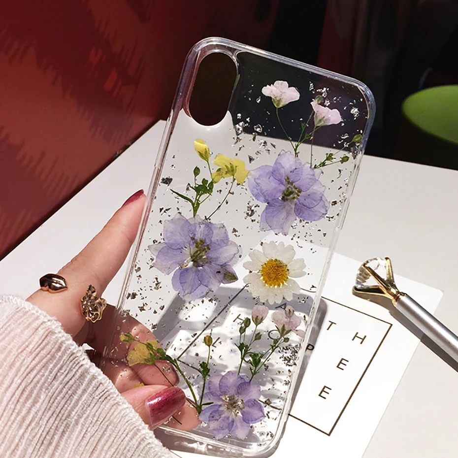 Qianliyao высушенный цветок серебряная фольга прозрачные чехлы для телефонов iPhone XS Max XR X 6 6S 7 8 Plus 11 Pro Max Мягкая силиконовая задняя крышка