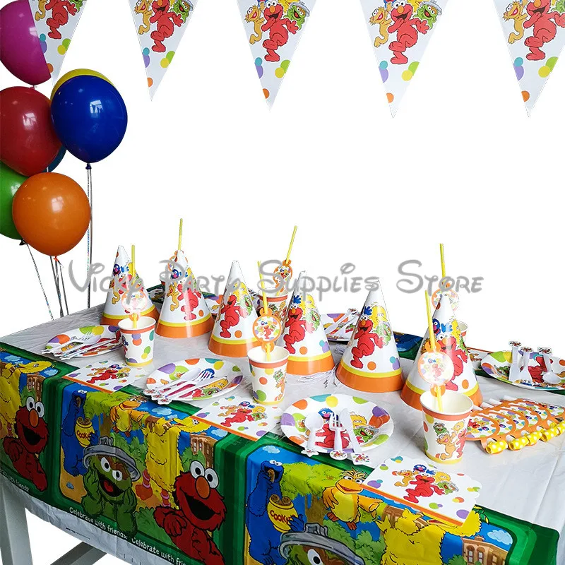Sesame уличная тема вечерние одноразовые столовые приборы Мультяшные животные день рождения, детский душ тарелка чашки украшения в виде флагов