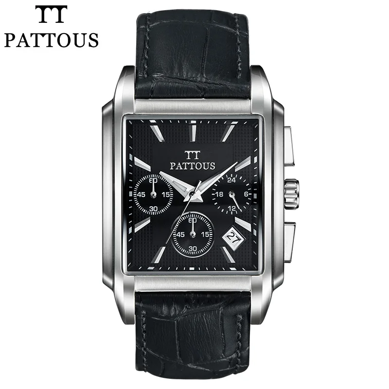 PATTOUS Luxury Brand Mens Black Genuine Leather Rectangle Dress