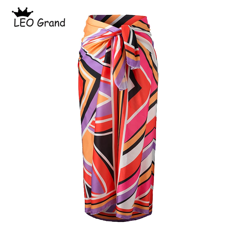 Leo Grand women satin vintage wrap scarf beach skirts bow tie design