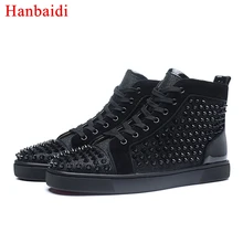 Hanbaidi Luxuxry Brand Black High Top Rivets Studed Casual Shoes Runway Outdoor Waterproof Flats font b