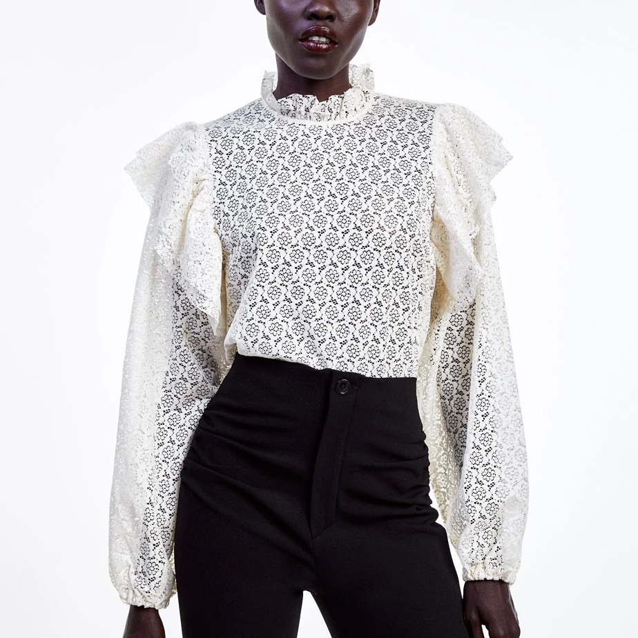 

2019 Autumn New Women Shirts Lace Gauze Ruffles Hollow Out Long Sleeve Pullovers Short Rice White Office Lady