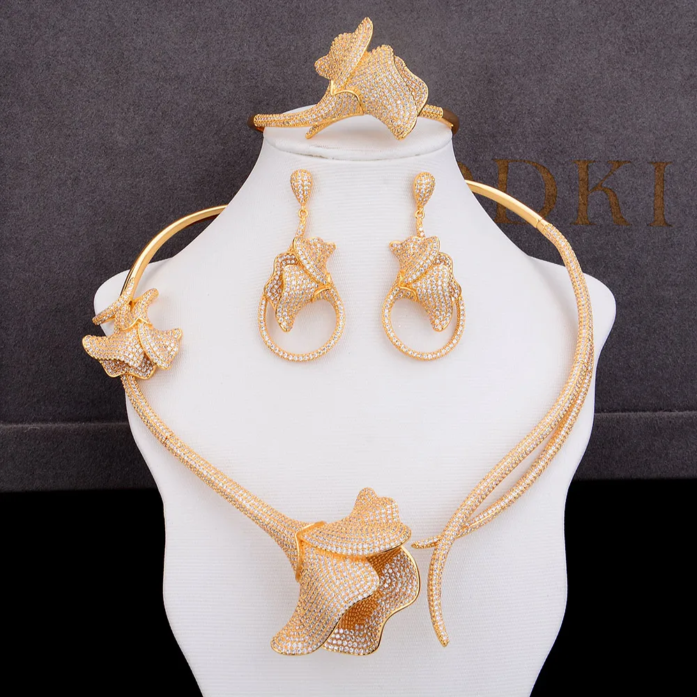 GODKI BIG Luxury Flower 4pcs African Cubic Zircon CZ Nigerian Jewelry sets For Women Wedding Dubai Gold Bridal Jewelry Sets 2019