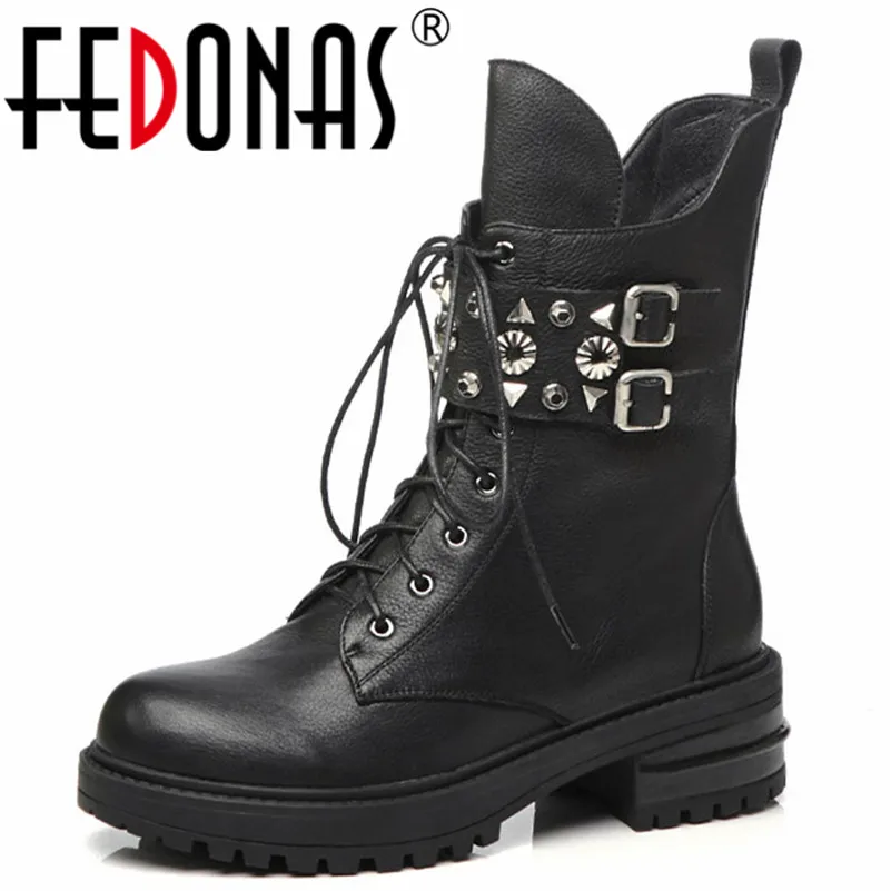 

FEDONAS Punk Rivets Motorcycle Boots For Women Thick High Heels Autumn Winter Short Ladies Shoes Woman Genuine Leather High Boot
