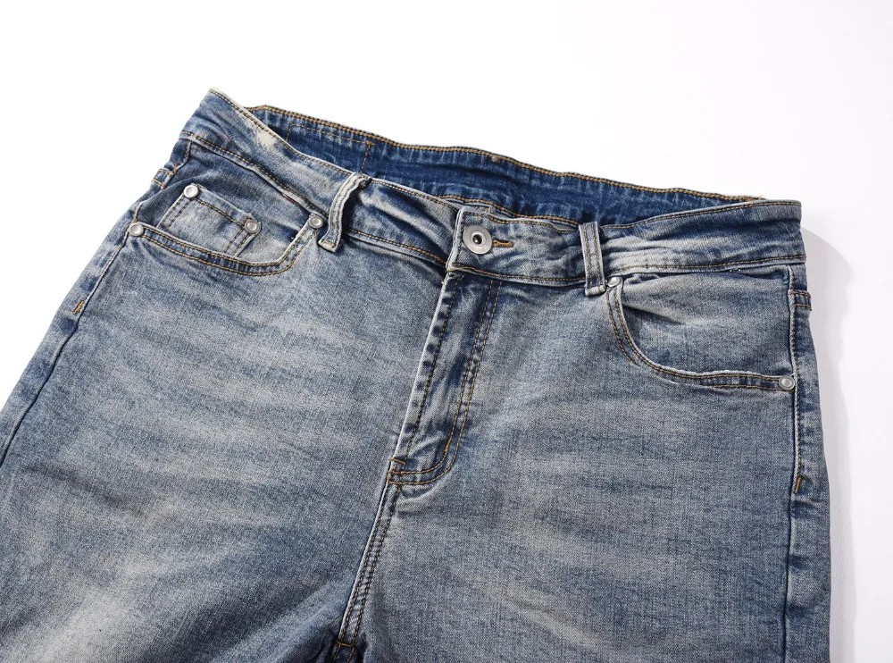 Улица 2018 Винтаж Для мужчин s байкерские джинсы в стиле хип-хоп Slim Fit Омывается насыщенный Синий джинсовые штаны джоггеры скинни Для мужчин