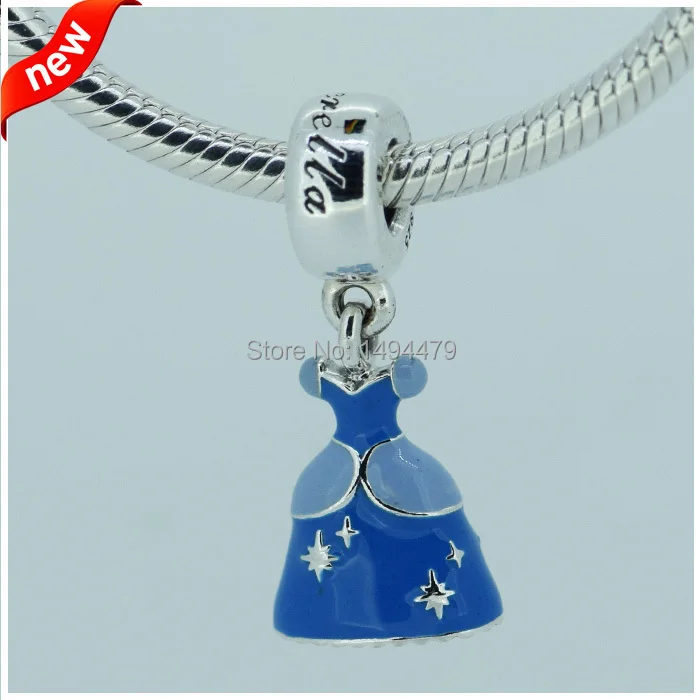 

Fits Pandora Charms Bracelet DIY Beads Cinderella Dress Dangle with Blue Enamel Authentic 925 Sterling Silver Jewelry Wholesale